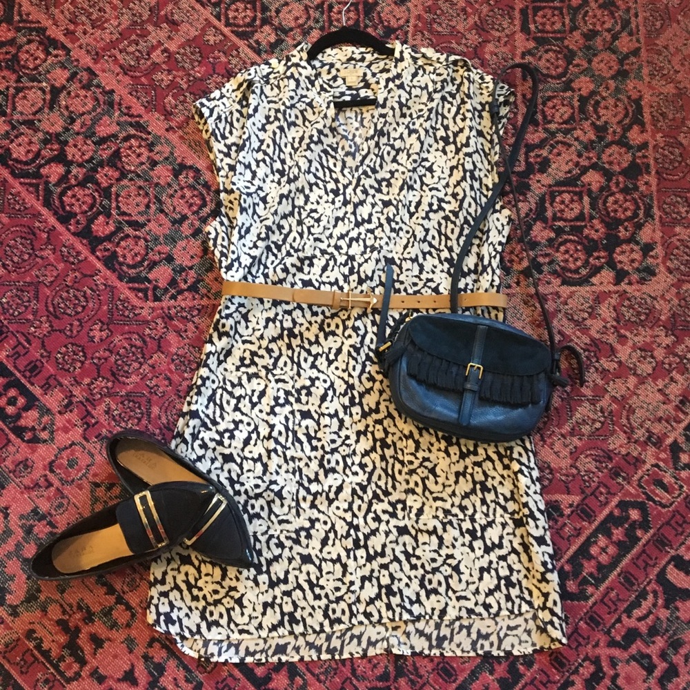 Navy and white shift dress